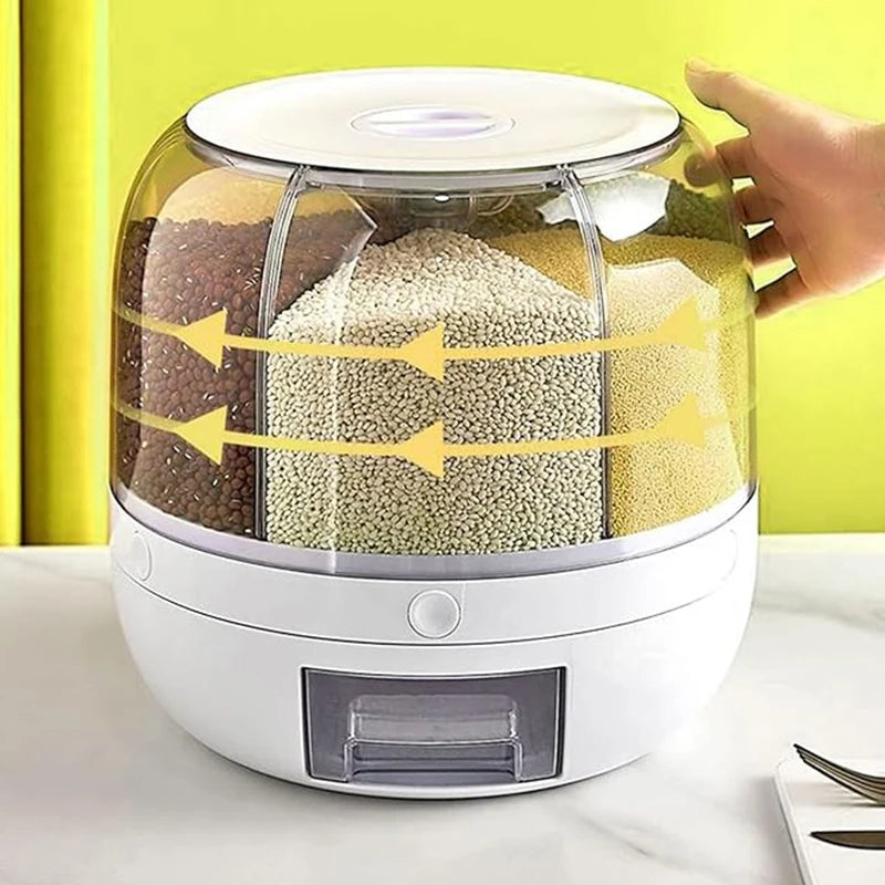 360° rotating 6-grid grain dispenser, one-touch output storage container