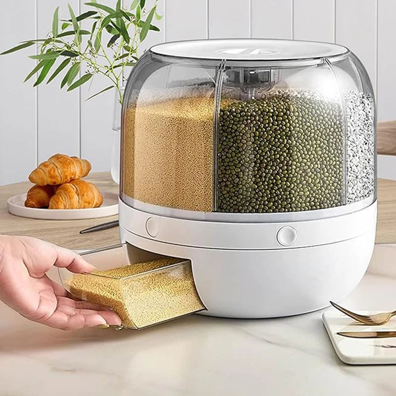 360° rotating 6-grid grain dispenser, one-touch output storage container