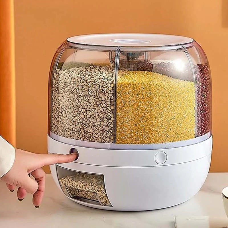 360° rotating 6-grid grain dispenser, one-touch output storage container