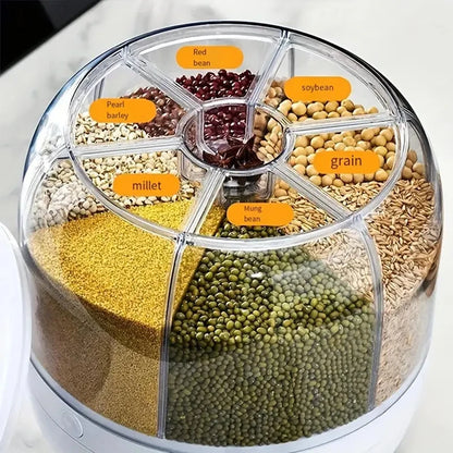 360° rotating 6-grid grain dispenser, one-touch output storage container