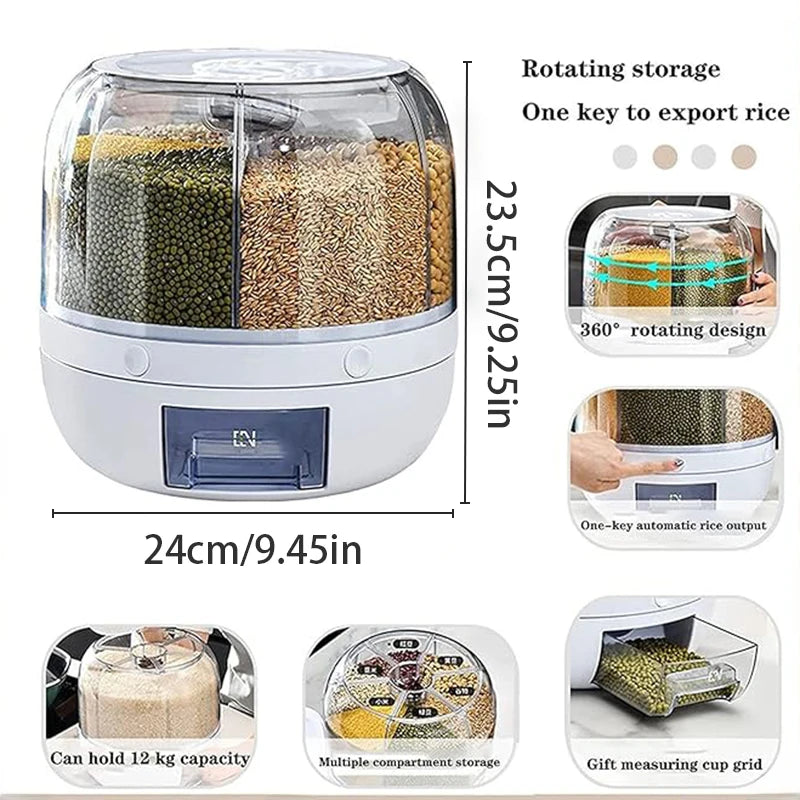 360° rotating 6-grid grain dispenser, one-touch output storage container