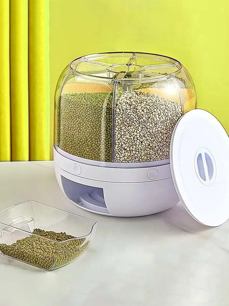 360° rotating 6-grid grain dispenser, one-touch output storage container