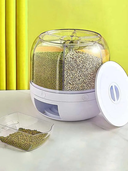 360° rotating 6-grid grain dispenser, one-touch output storage container